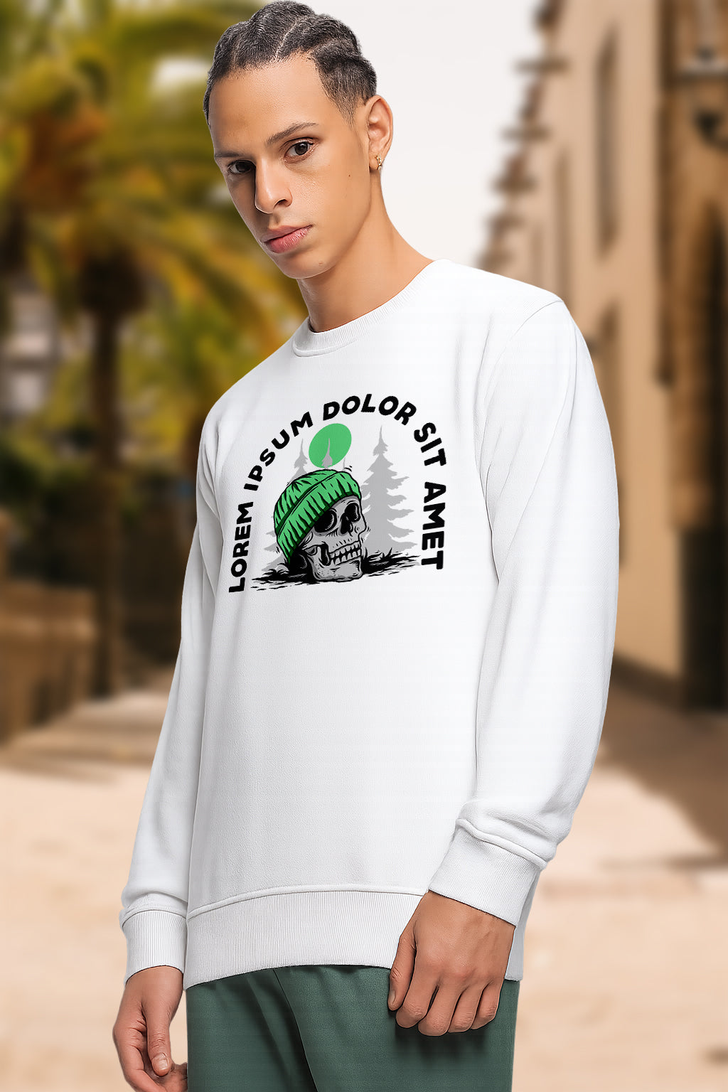 Durable Cotton Men’s Graphic Sweatshirt – “Lost in Paradise” & “Adventure Skull” Printed Crew Neck Pullover - White Navy
