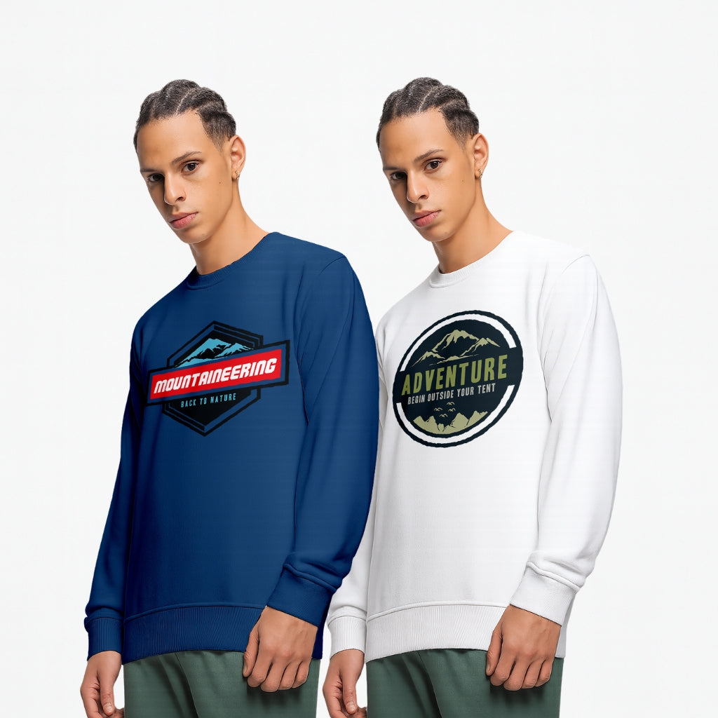 Durable Men’s Cotton Blend Graphic Sweatshirt | “Mountaineering Back to Nature” & “Adventure Begin Outside Your Tent” Printed Crew Neck Pullover - White Navy