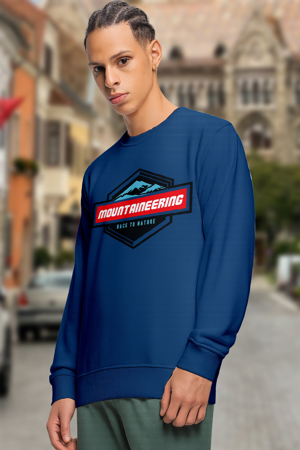 Durable Men’s Cotton Blend Graphic Sweatshirt | “Mountaineering Back to Nature” & “Adventure Begin Outside Your Tent” Printed Crew Neck Pullover - White Navy