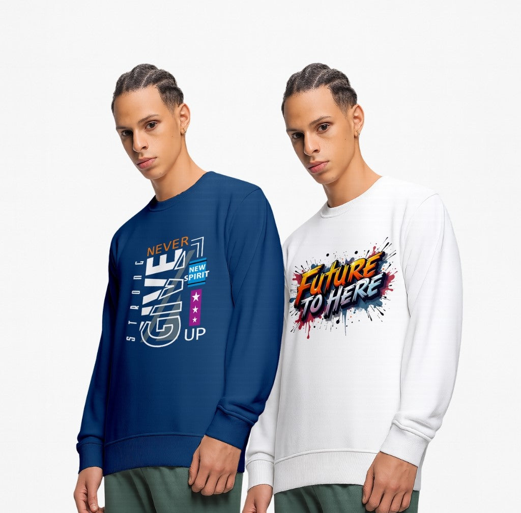 Durable Cotton Men’s Sweatshirt | “Never Give Up” & “Future To Here” Printed Round Neck Pullover | Stylish Winter Casual Wear - White Navy