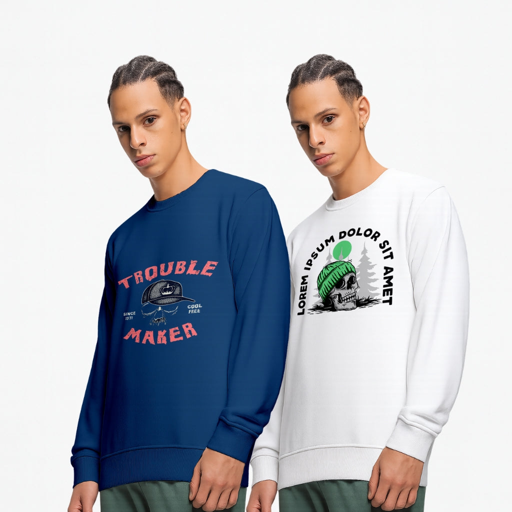 Everyday Wear Men’s Cotton Blend Graphic Sweatshirt – Pack of 2 (Navy “Trouble Maker” & White Skull Print) - White Navy