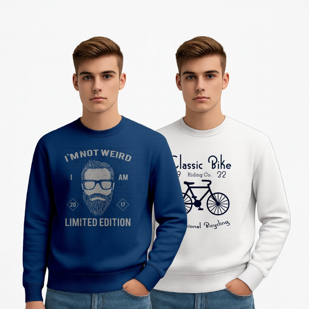 Everyday Wear Men’s Sweatshirt Combo (Pack of 2) – Navy “I’m Not Weird Limited Edition” Print + White “Classic Bike Riding Co.” Graphic | Casual Cotton Blend Pullover - White Navy