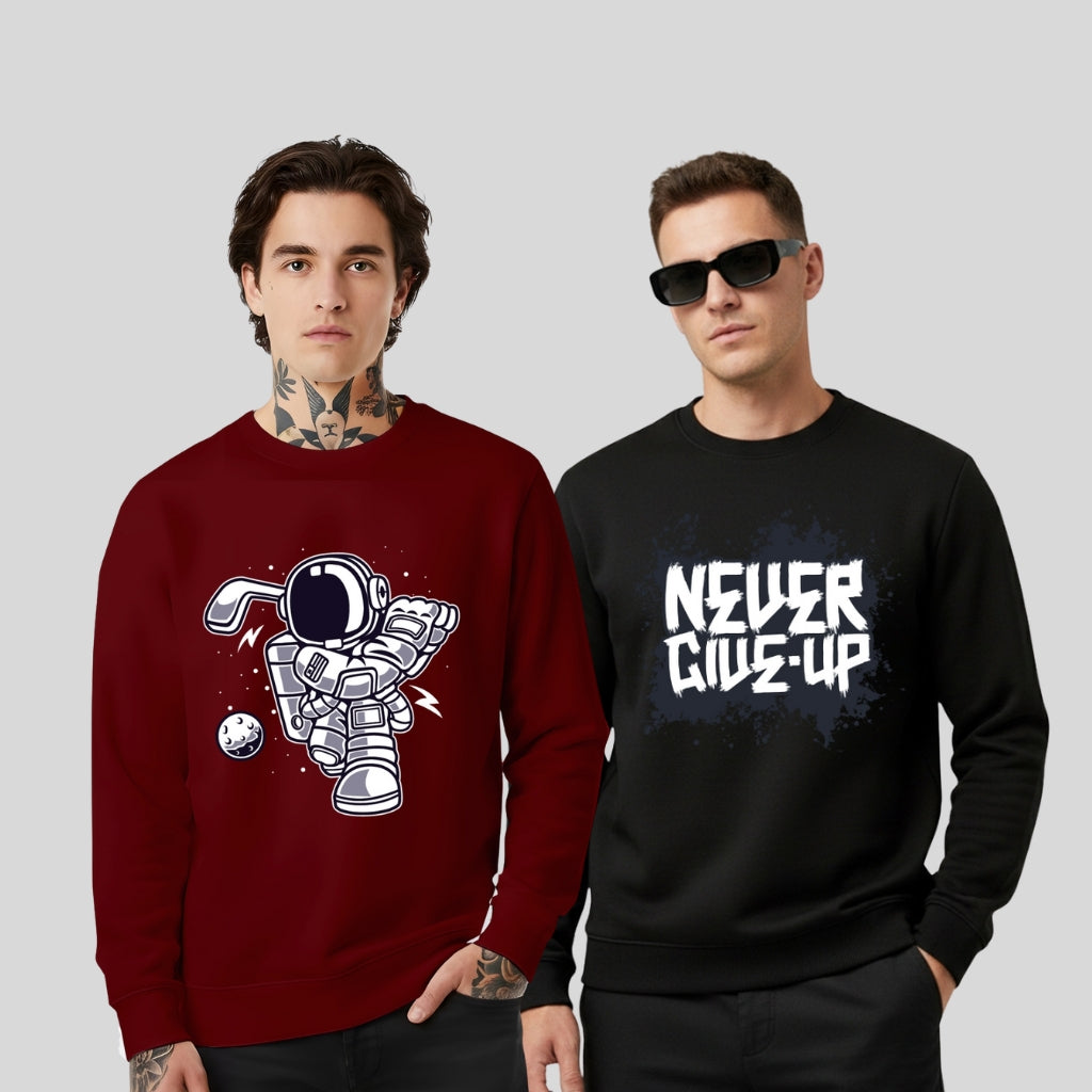 All Day Comfort Men’s Printed Sweatshirt Combo – “Astronaut Dabbing” & “Never Give Up” Motivational Design - Black Maroon