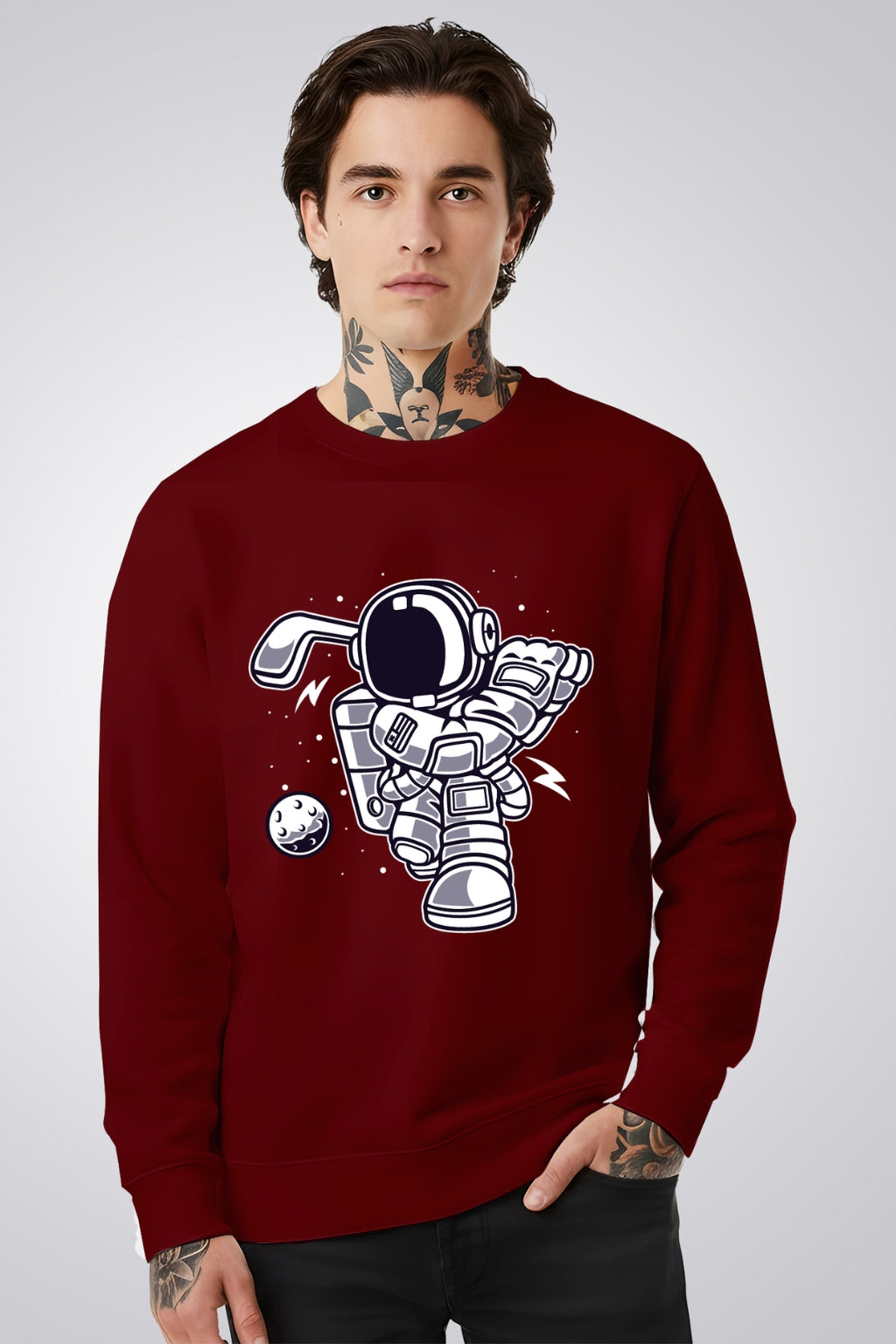All Day Comfort Men’s Printed Sweatshirt Combo – “Astronaut Dabbing” & “Never Give Up” Motivational Design - Black Maroon