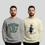 All Day Comfort Men’s Printed Sweatshirt Combo – “Boston Champion” & “Samurai Warrior” Graphic Design - Grey Offwhite