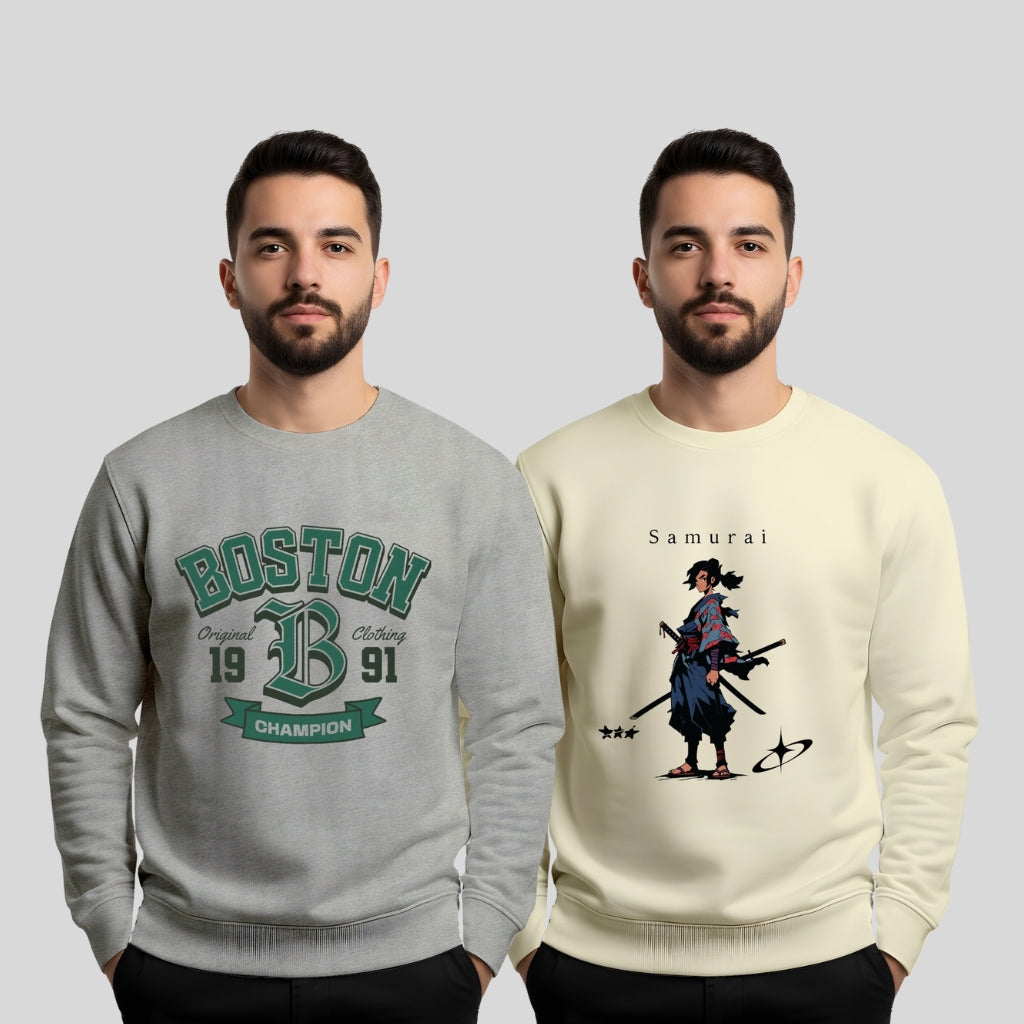 All Day Comfort Men’s Printed Sweatshirt Combo – “Boston Champion” & “Samurai Warrior” Graphic Design - Grey Offwhite