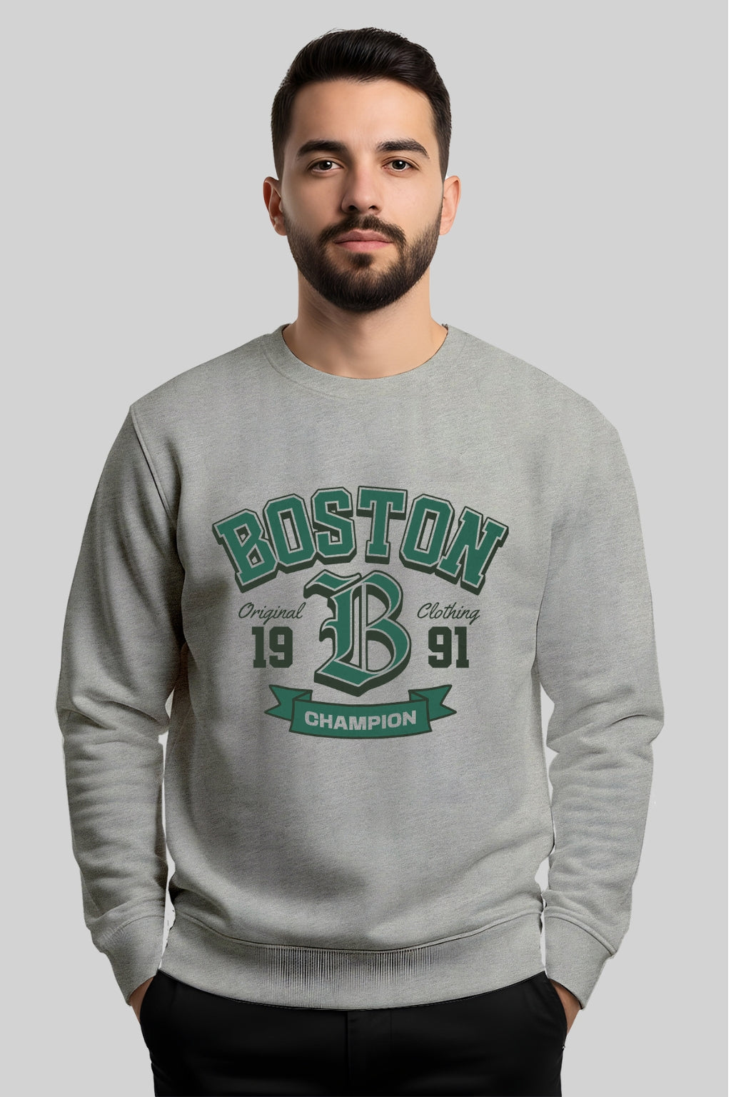 All Day Comfort Men’s Printed Sweatshirt Combo – “Boston Champion” & “Samurai Warrior” Graphic Design - Grey Offwhite
