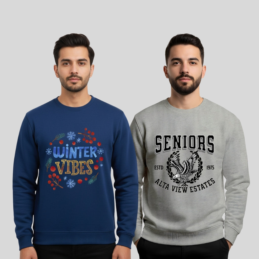 All Day Comfort Men’s Printed Sweatshirt Combo – “Winter Vibes” & “Seniors Alta View Estates” Casual Collection - Navy Grey
