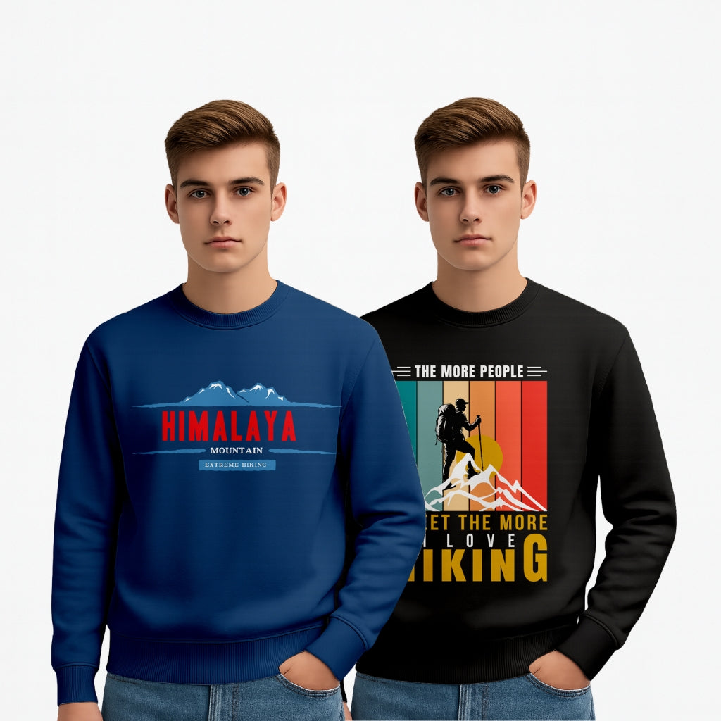 Everyday Wear Men’s Sweatshirt Combo (Pack of 2) – Navy “Himalaya Mountain Extreme Hiking” Print + Black “Love Hiking Adventure” Graphic | Outdoor Travel Pullover - Navy Black