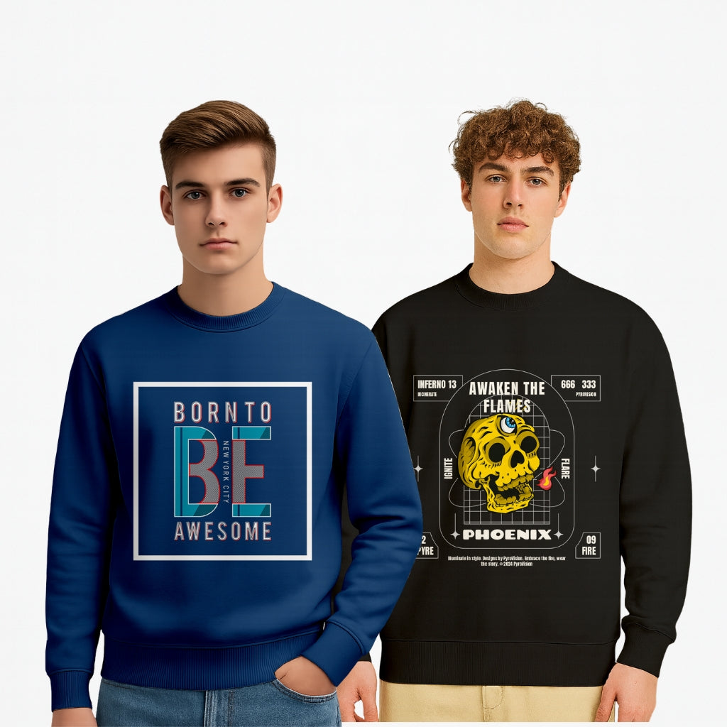 Durable Cotton Men’s Printed Sweatshirt Pack of 2 – Navy “Born to Be Awesome” & Black “Awaken the Flames” - Navy Black