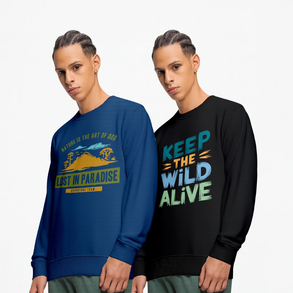 Men’s Cotton Blend Printed Sweatshirts | Adventure & Nature Graphic Crewneck Pullovers | Casual Winter Wear - Navy Black