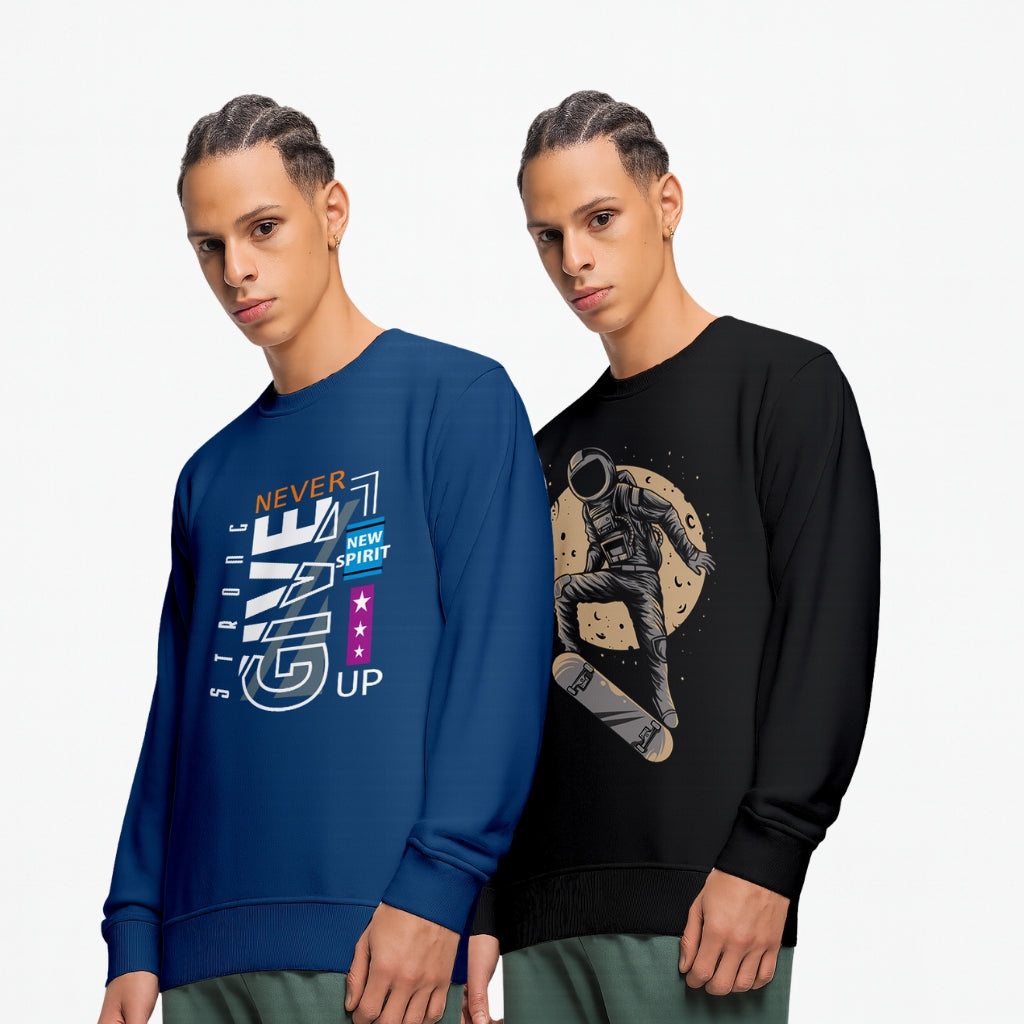 Everyday Wear Men’s Printed Sweatshirt Combo (Pack of 2) – “Never Give Up” Navy & “Astronaut Skateboard” Black Sweatshirt | Winter Wear Pullover - Navy Black