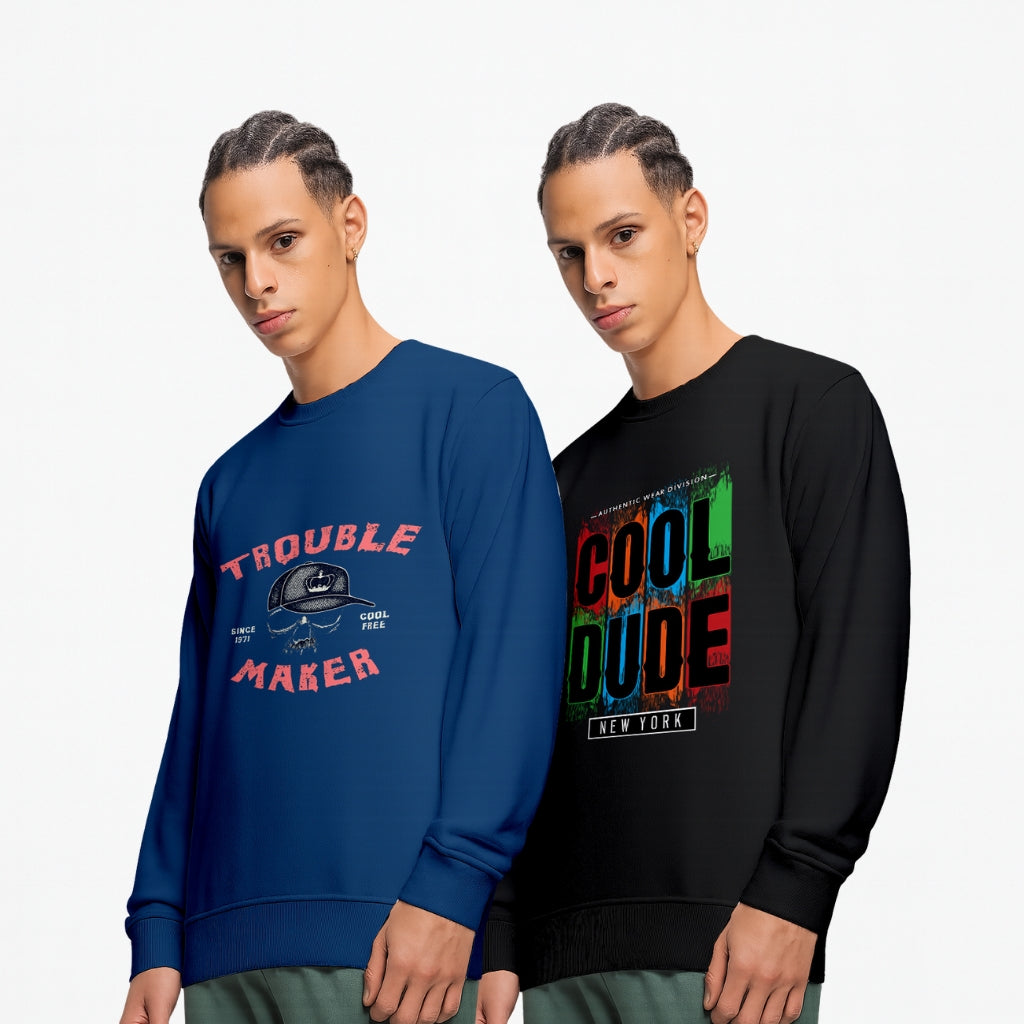 Durable Cotton Men’s Printed Sweatshirt Combo (Pack of 2) – “Trouble Maker” Navy & “Cool Dude New York” Black Sweatshirt | Stylish Winter Wear Pullover - Navy Black