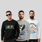 All Day Comfort Men’s Graphic Printed Sweatshirt Combo – Always Be Brave, Rise Above Limits & Camping Is The Answer (Pack of 3) - Black Grey White
