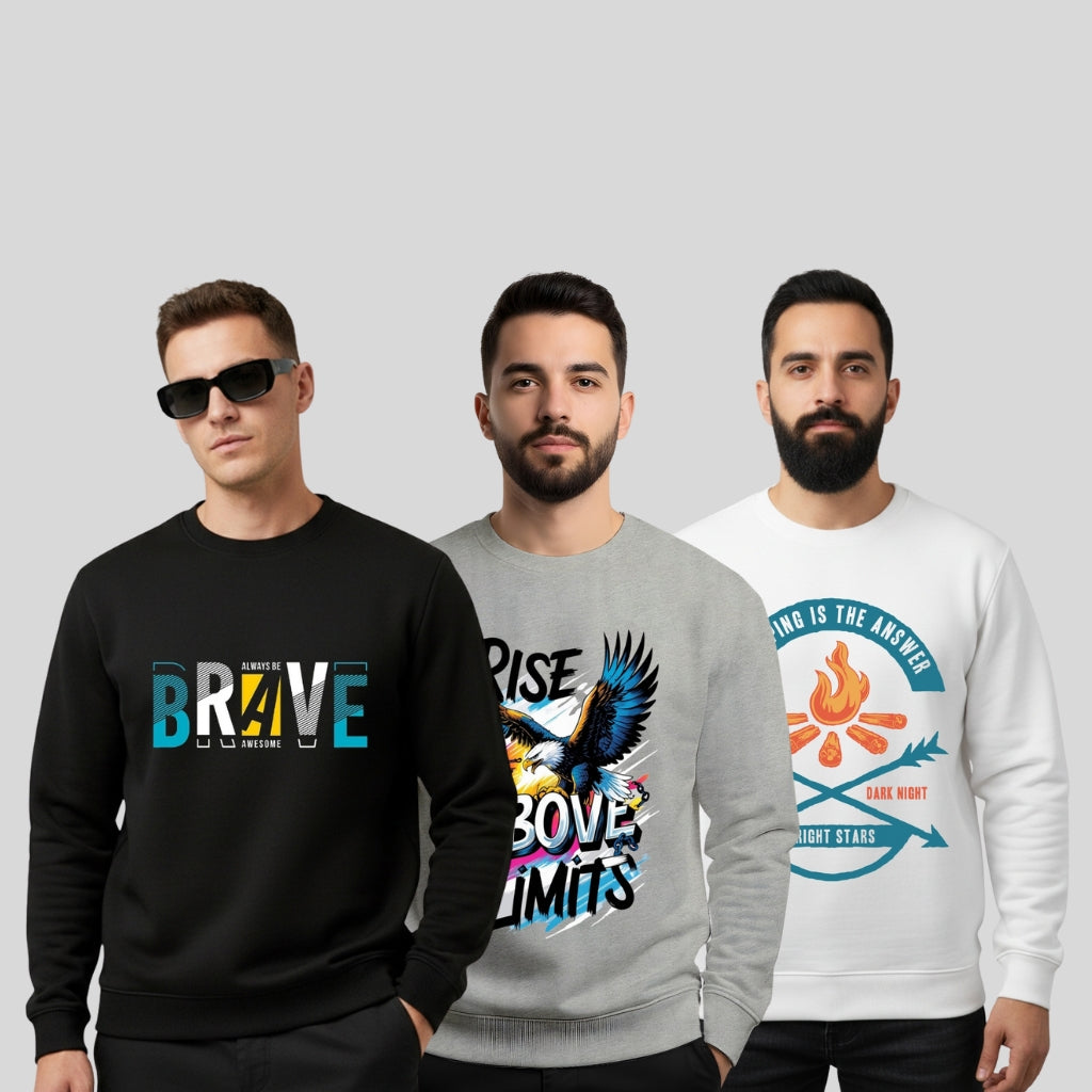 All Day Comfort Men’s Graphic Printed Sweatshirt Combo – Always Be Brave, Rise Above Limits & Camping Is The Answer (Pack of 3) - Black Grey White