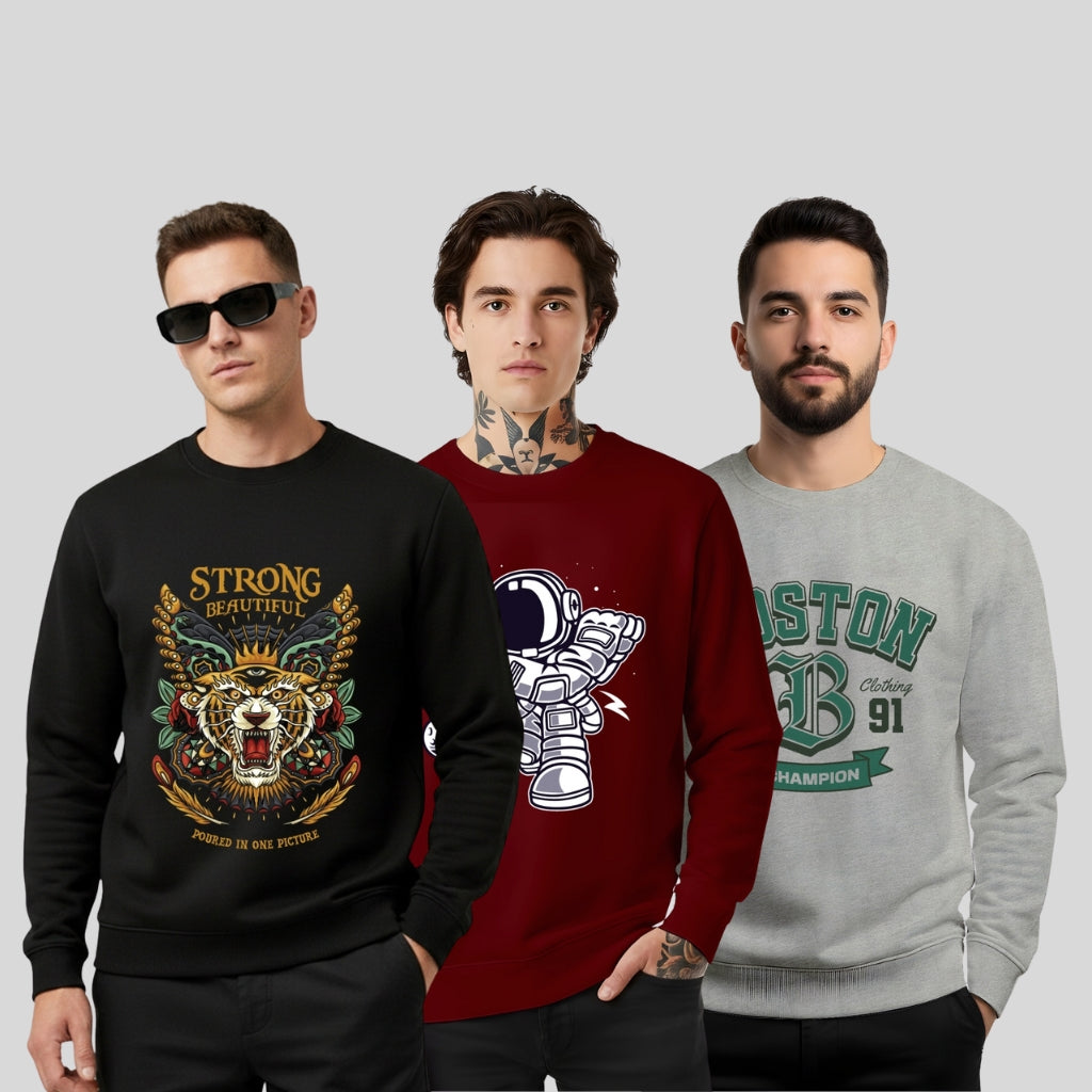 All Day Comfort Men’s Graphic Printed Sweatshirt Combo – Strong Tiger, Astronaut & Boston Champion (Pack of 3) - Black Maroon Grey