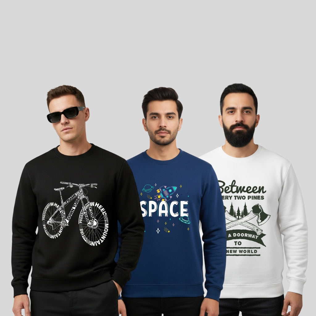 All Day Comfort Men’s Graphic Printed Sweatshirt Combo – Mountain Bike, Space Explorer & Nature Pines (Pack of 3) - Black Navy White