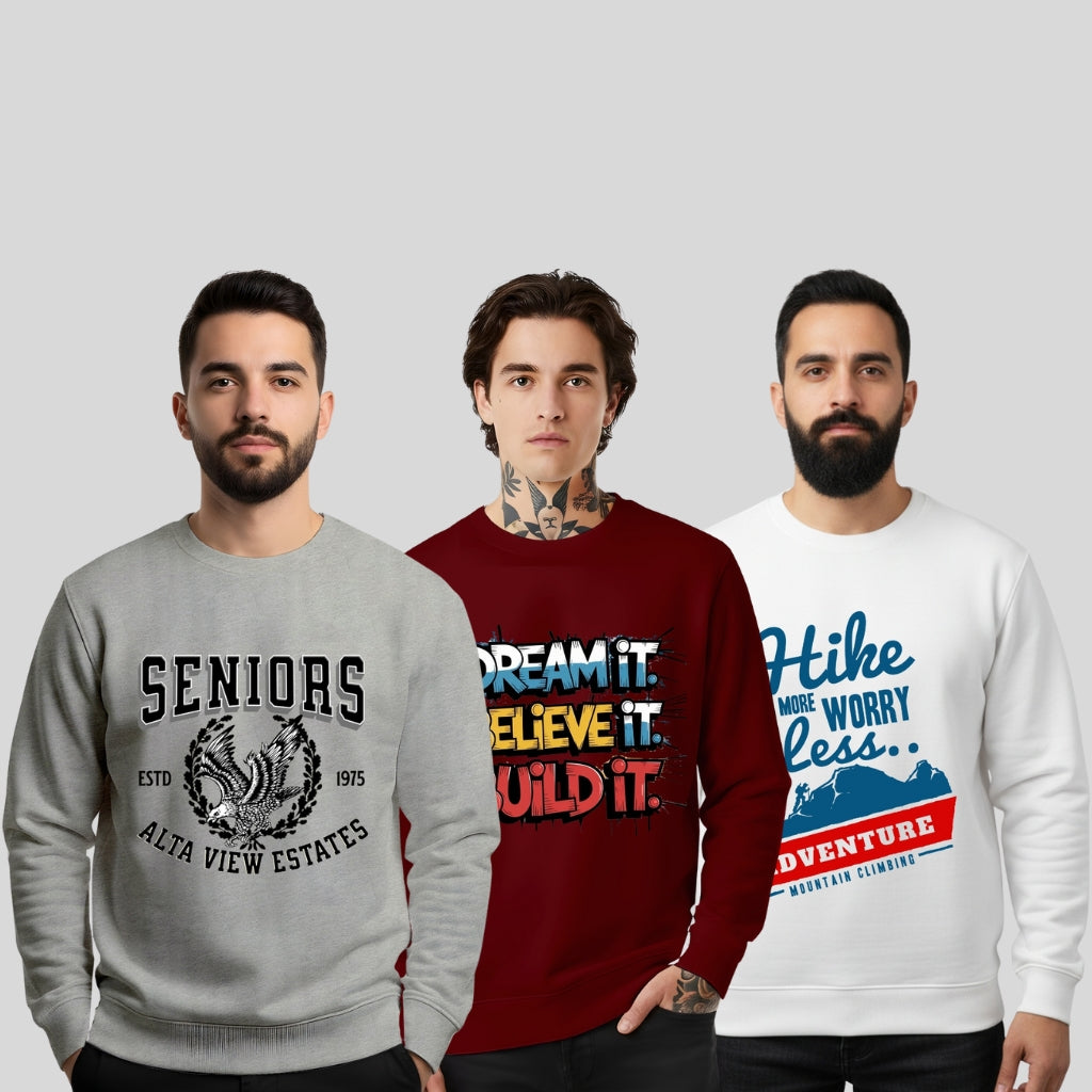 All Day Comfort Men’s Graphic Printed Sweatshirt Combo – Seniors, Dream It Build It & Hike More Worry Less (Pack of 3) - Grey Maroon White