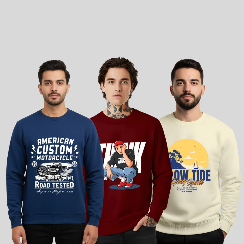 All Day Comfort Men’s Graphic Printed Sweatshirt Combo – Motorcycle, Urban Cool & Low Tide (Pack of 3) - Navy Maroon Offwhite