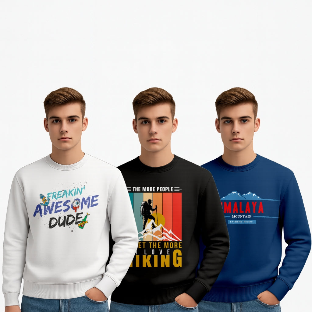 Men’s Printed Sweatshirt Combo (Pack of 3) – “Freakin’ Awesome Dude”, “Hiking Adventure”, and “Himalaya Mountain” Graphic Sweatshirts | Winter Casual Pullover - White Black Navy