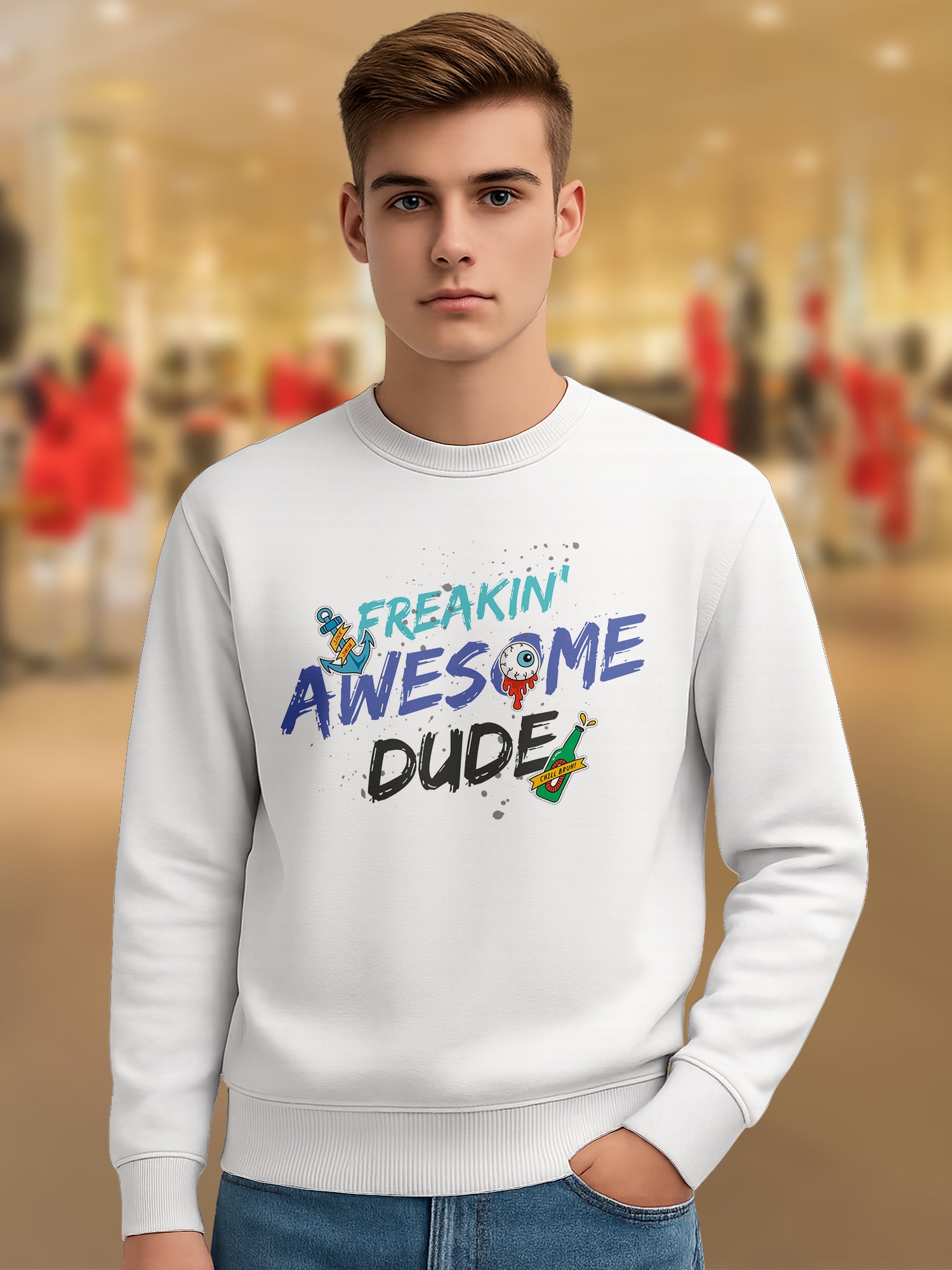 Men’s Printed Sweatshirt Combo (Pack of 3) – “Freakin’ Awesome Dude”, “Hiking Adventure”, and “Himalaya Mountain” Graphic Sweatshirts | Winter Casual Pullover - White Black Navy