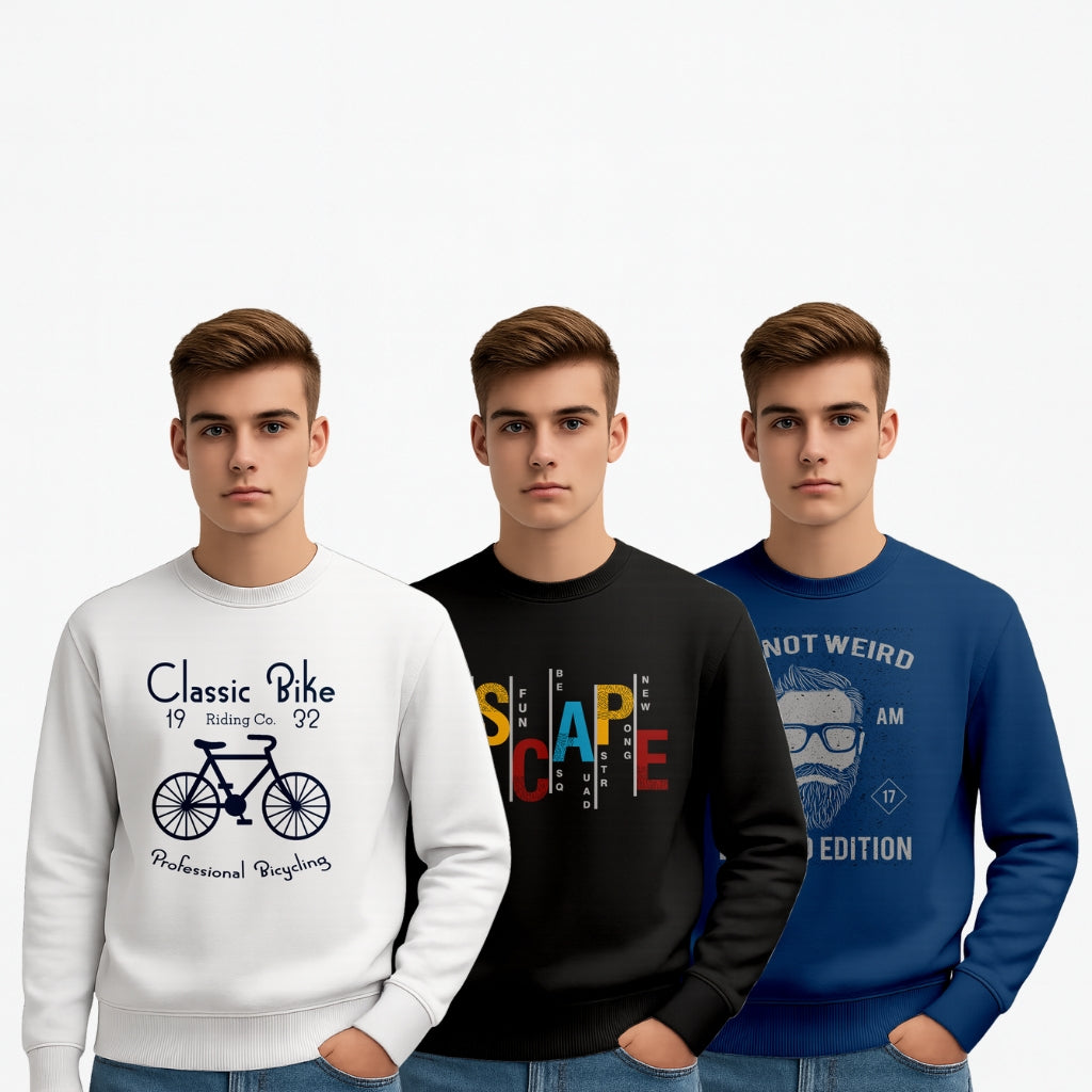 Men’s Printed Sweatshirt Combo (Pack of 3) – “Classic Bike”, “Escape Adventure”, and “Not Weird Expedition” Graphic Sweatshirts | Winter Casual Pullover - White Black Navy