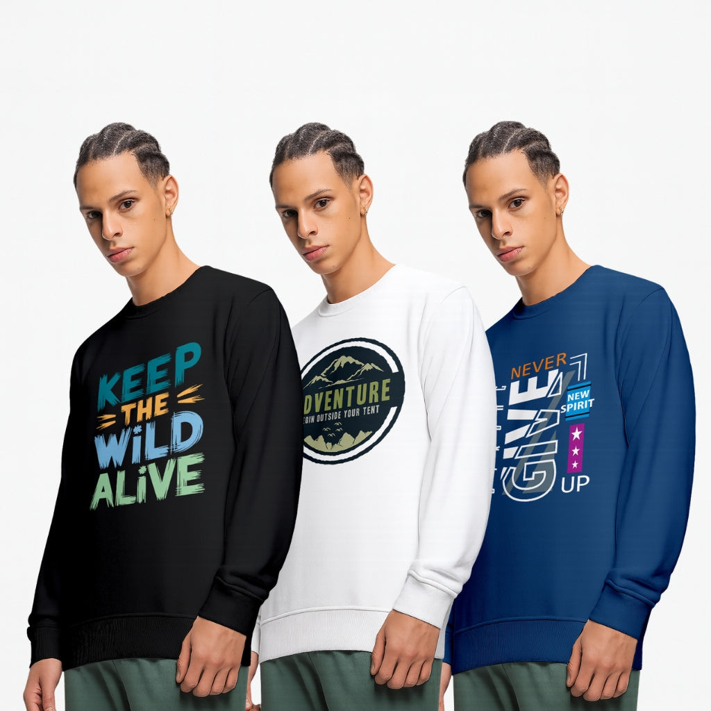 Men’s Cotton Blend Graphic Printed Sweatshirt | Round Neck Casual Winter Pullover (Black, White, Navy) - White Black Navy