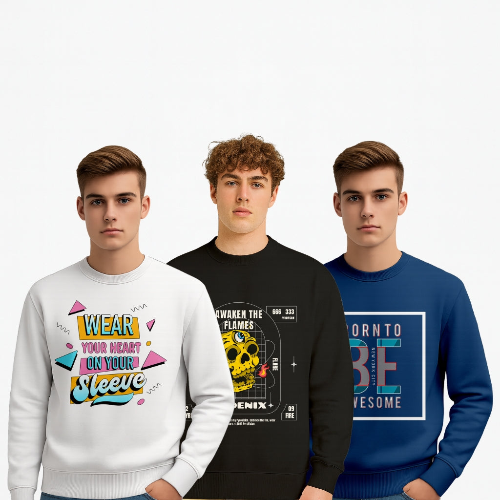 Men's Cotton Printed Sweatshirt | Stylish Graphic Round Neck Pullover for Casual Wear (White, Black, Navy) - White Black Navy