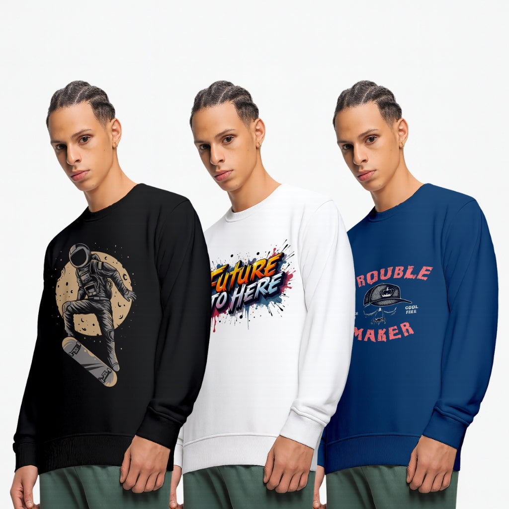 Men’s Cotton Blend Graphic Sweatshirt | Trendy Printed Round Neck Pullover (Black, White, Navy) - White Black Navy