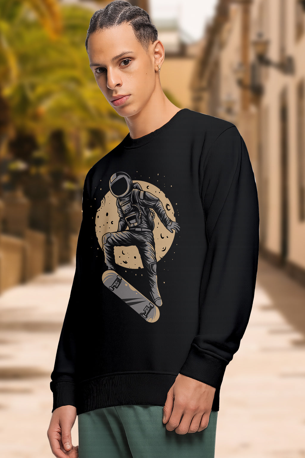 Men’s Cotton Blend Graphic Sweatshirt | Trendy Printed Round Neck Pullover (Black, White, Navy) - White Black Navy