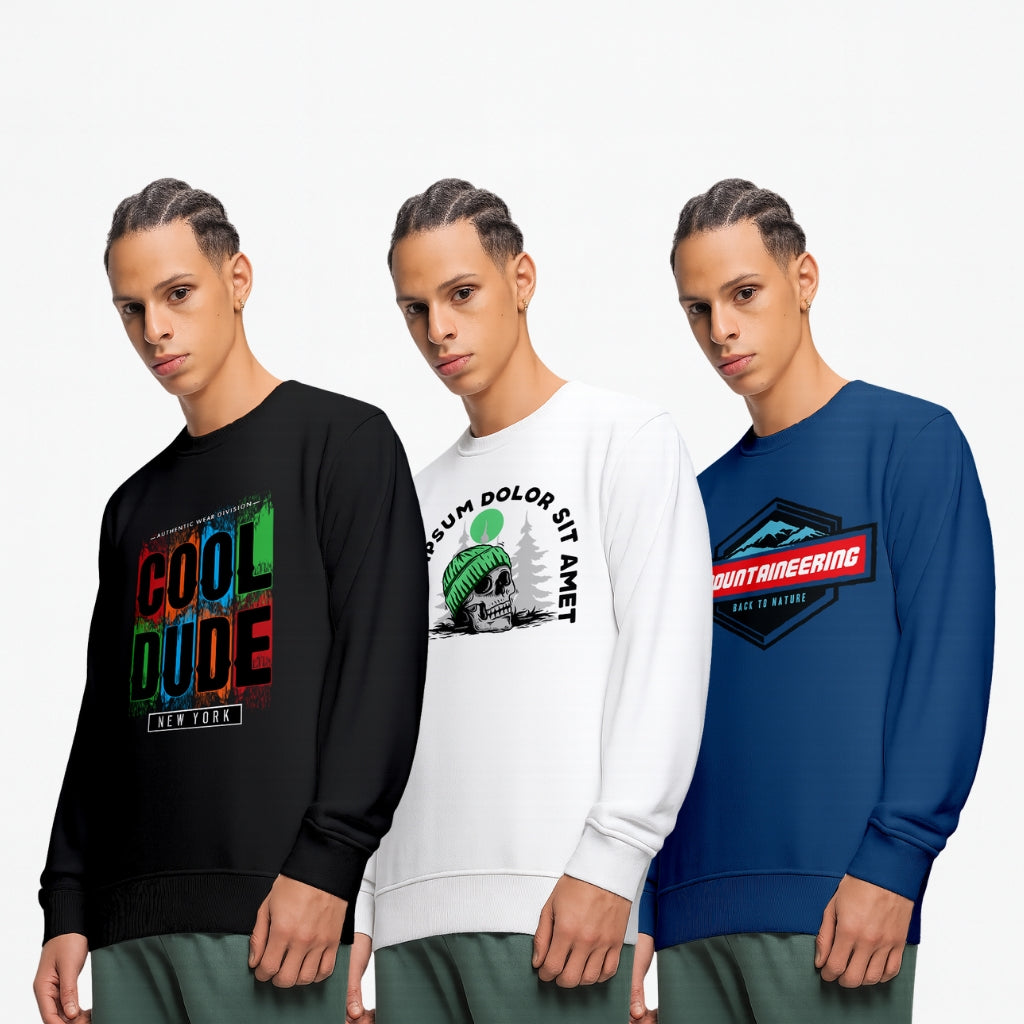 Men's Cotton Graphic Printed Sweatshirt | Casual Round Neck Pullover (Black, White, Navy) - White Black Navy