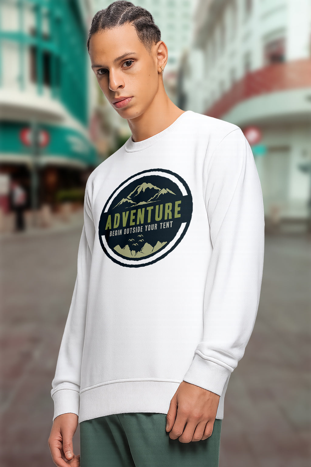 Men’s Cotton Blend Printed Sweatshirt | Adventure & Outdoor Graphic Round Neck Pullover (Black, White, Navy) - White Black Navy