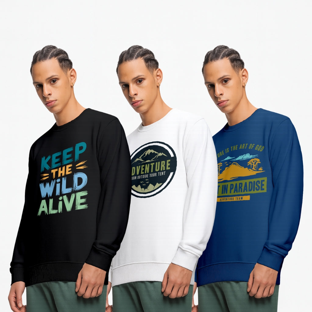 Men’s Cotton Blend Printed Sweatshirt | Adventure & Outdoor Graphic Round Neck Pullover (Black, White, Navy) - White Black Navy